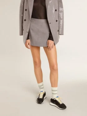 Mini-short gris pour femme en laine à motif pied-de-poule