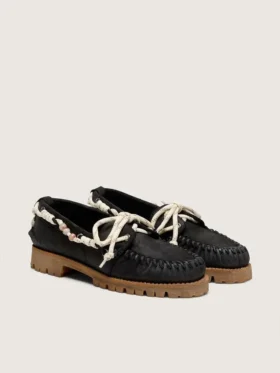 Mocassins Cruise pour femme en daim ciré noir avec lacets de randonnée noirs