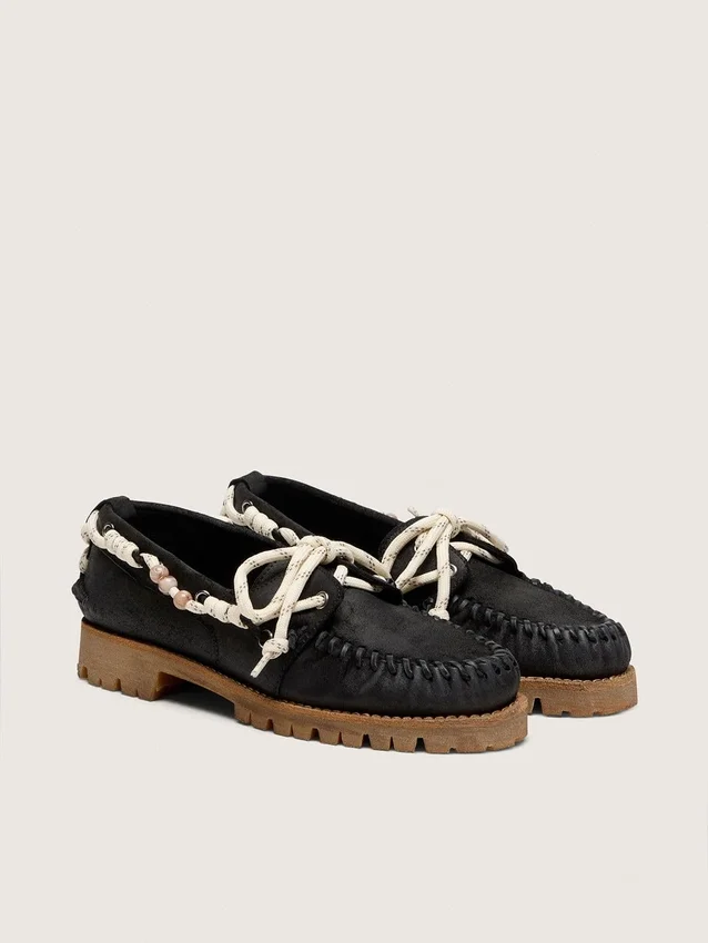Mocassins Cruise pour femme en daim ciré noir avec lacets de randonnée noirs