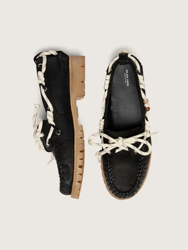 Mocassins Cruise pour femme en daim ciré noir avec lacets de randonnée noirs