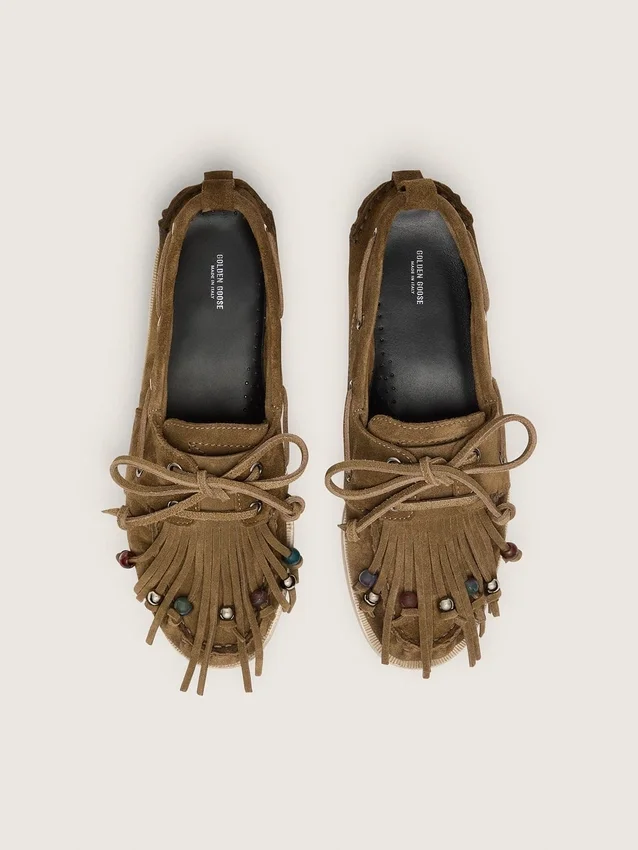 Mocassins Cruise pour femme en daim kaki avec franges et perles multicolores