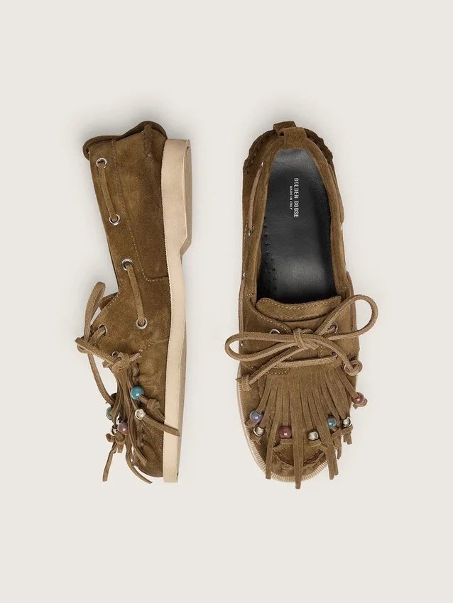 Mocassins Cruise pour femme en daim kaki avec franges et perles multicolores