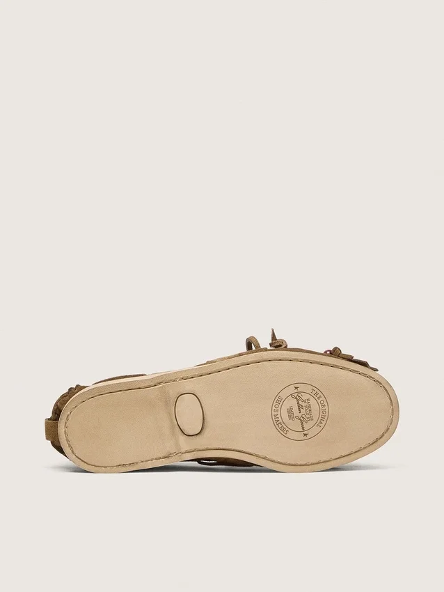 Mocassins Cruise pour femme en daim kaki avec franges et perles multicolores