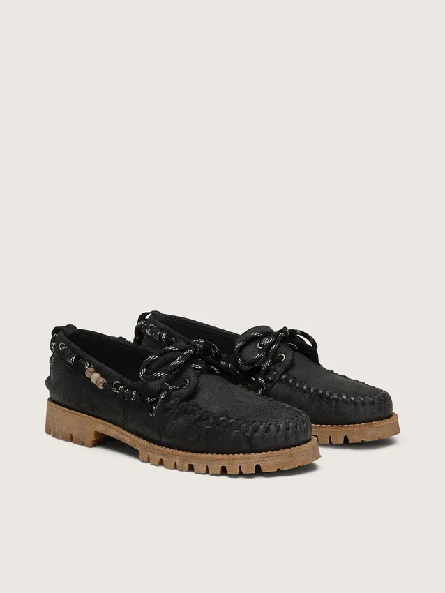 Mocassins Cruise pour homme en daim ciré noir avec lacets de randonnée noirs