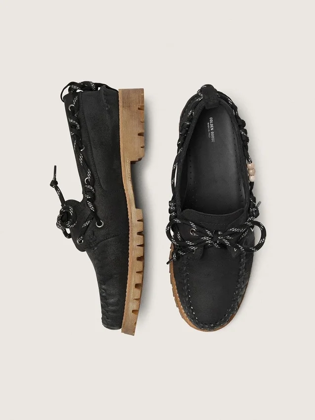 Mocassins Cruise pour homme en daim ciré noir avec lacets de randonnée noirs