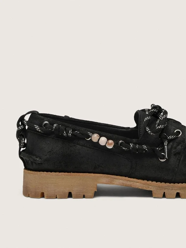 Mocassins Cruise pour homme en daim ciré noir avec lacets de randonnée noirs