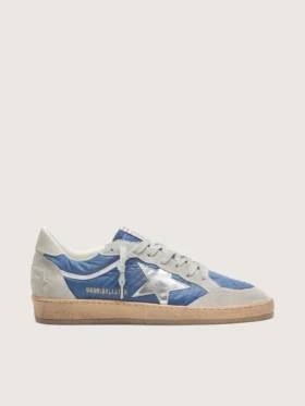 Modèle Ball Star pour homme en nylon bleu denim avec empiècements en daim gris clair et étoile en cuir argent métallisé