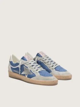 Modèle Ball Star pour homme en nylon bleu denim avec empiècements en daim gris clair et étoile en cuir argent métallisé