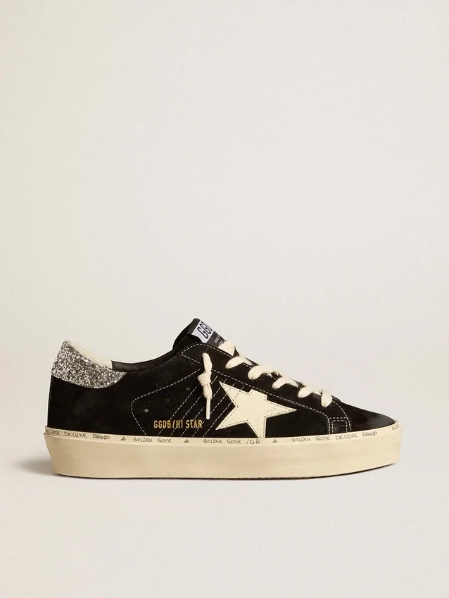 Modèle Hi Star pour femme en cuir noir avec languette de talon à paillettes argentées