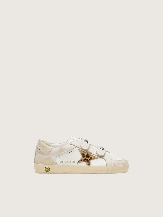 Modèle Junior Old School en cuir nappa avec étoile en cuir de poney à imprimé léopard et empiècements en cuir
