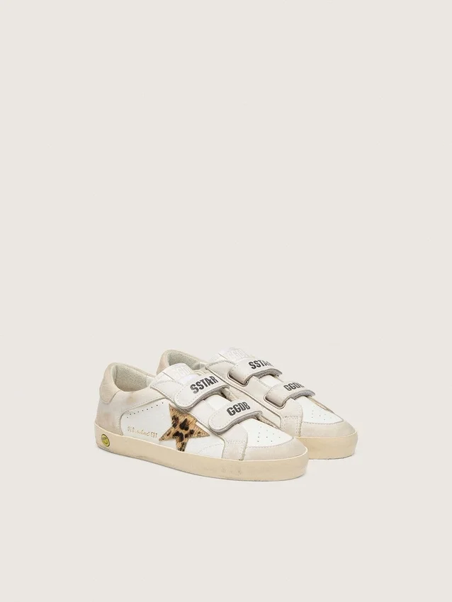 Modèle Junior Old School en cuir nappa avec étoile en cuir de poney à imprimé léopard et empiècements en cuir