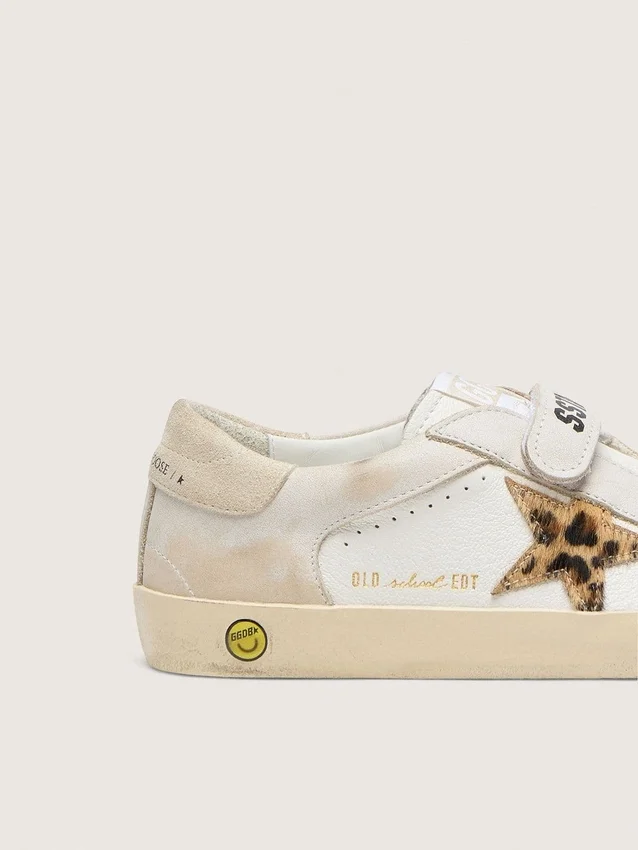 Modèle Junior Old School en cuir nappa avec étoile en cuir de poney à imprimé léopard et empiècements en cuir
