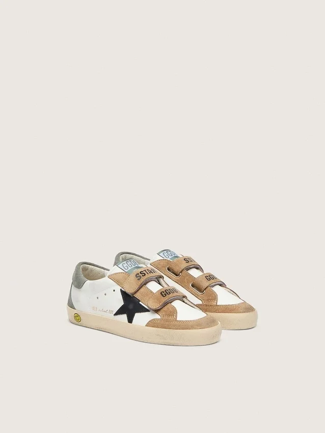 Modèle Old School junior avec étoile en cuir noir et empiècements en daim beige et vert
