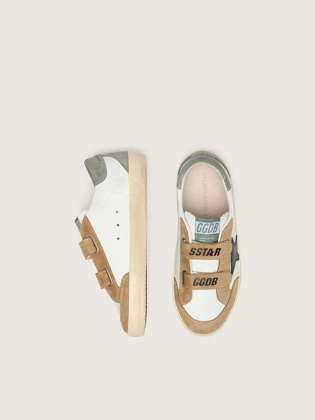 Modèle Old School junior avec étoile en cuir noir et empiècements en daim beige et vert