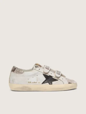 Modèle Old School pour femme en cuir blanc avec étoile en cuir noir et empiècements imprimé serpent