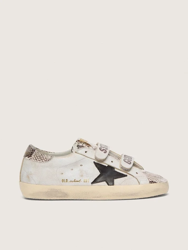 Modèle Old School pour femme en cuir blanc avec étoile en cuir noir et empiècements imprimé serpent