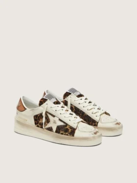 Modèle Stardan pour femme en cuir blanc et peau de poney léopard, avec une étoile en cuir blanc