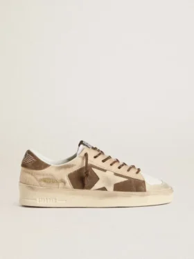 Modèle Stardan pour femme en daim vert militaire et cuir de poney beige, avec une étoile en daim beige