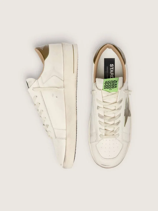 Modèle Stardan pour homme en cuir blanc, avec étoile et languette au talon en cuir imprimé serpent vert militaire