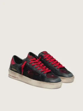 Modèle Stardan pour homme en cuir noir avec étoile rouge, empiècements en mesh noir et en cuir rouge