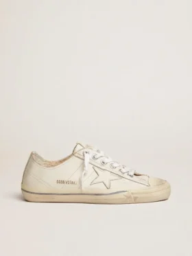 Modèle V-Star pour homme en cuir blanc avec une étoile blanche et une bande bleu clair sur le renfort