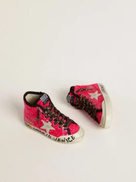 Modèle Young Francy à paillettes, avec étoile en daim gris glacier et lacets à imprimé animalier
