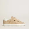 Old School pour femme en daim beige avec languette de talon en cuir blanc