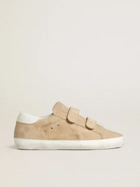 Old School pour femme en daim beige avec languette de talon en cuir blanc