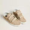 Old School pour femme en daim beige avec languette de talon en cuir blanc
