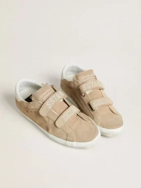 Old School pour femme en daim beige avec languette de talon en cuir blanc