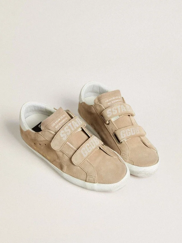 Old School pour femme en daim beige avec languette de talon en cuir blanc