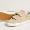 Old School pour femme en daim beige avec languette de talon en cuir blanc