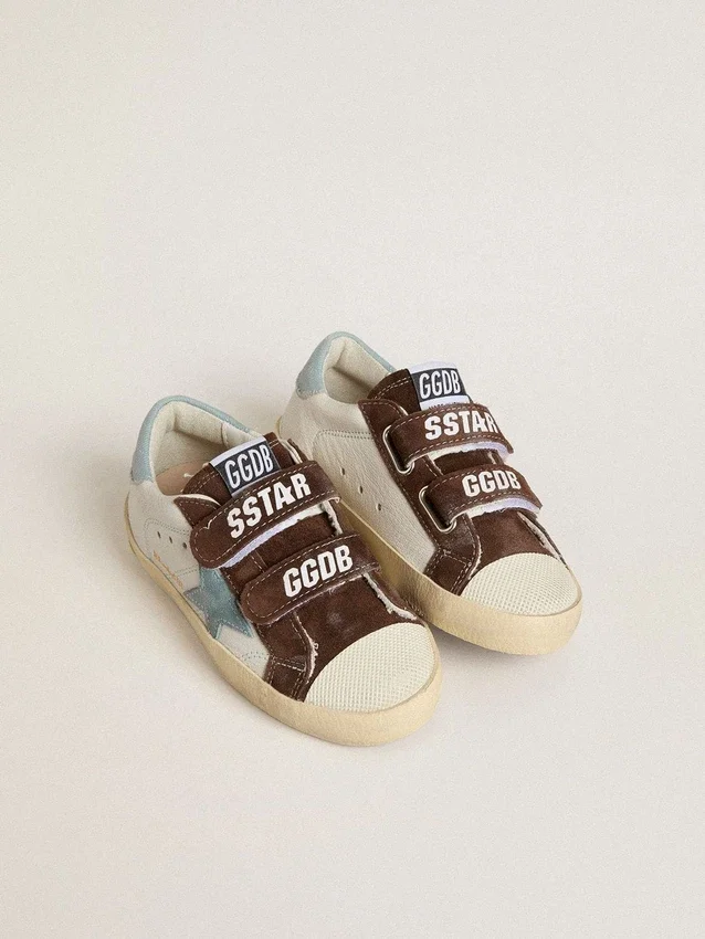 Old School Young en cuir nappa avec étoile en daim bleu clair et empiècements en daim marron