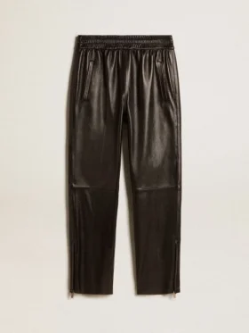 Pantalon de jogging noir en cuir nappa avec fermeture éclair au bas des jambes