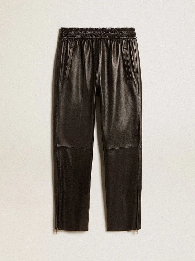Pantalon de jogging noir en cuir nappa avec fermeture éclair au bas des jambes