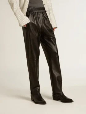 Pantalon de jogging noir en cuir nappa avec fermeture éclair au bas des jambes