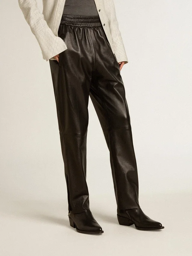 Pantalon de jogging noir en cuir nappa avec fermeture éclair au bas des jambes