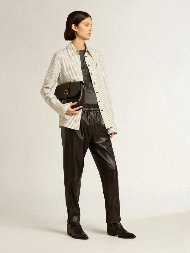Pantalon de jogging noir en cuir nappa avec fermeture éclair au bas des jambes
