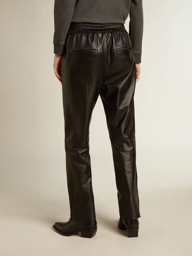 Pantalon de jogging noir en cuir nappa avec fermeture éclair au bas des jambes