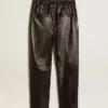 Pantalon de jogging noir en cuir nappa avec fermeture éclair au bas des jambes