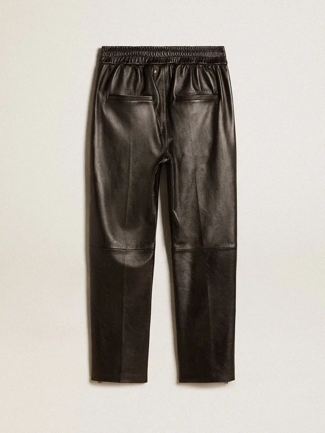Pantalon de jogging noir en cuir nappa avec fermeture éclair au bas des jambes