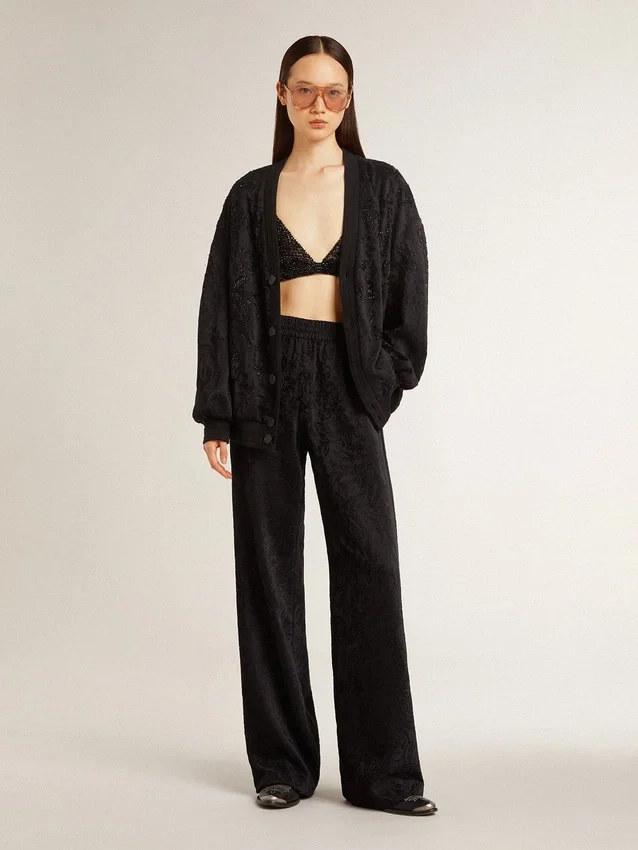 Pantalon de jogging noir pour femme à imprimé toile de Jouy ton sur ton