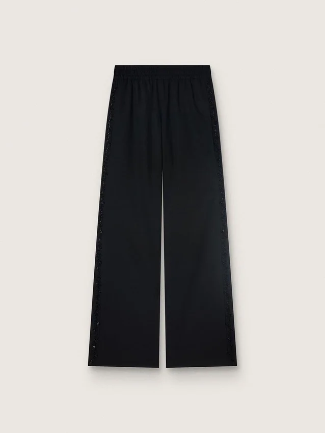 Pantalon de survêtement pour femme en sergé de laine noir avec broderie de paillettes
