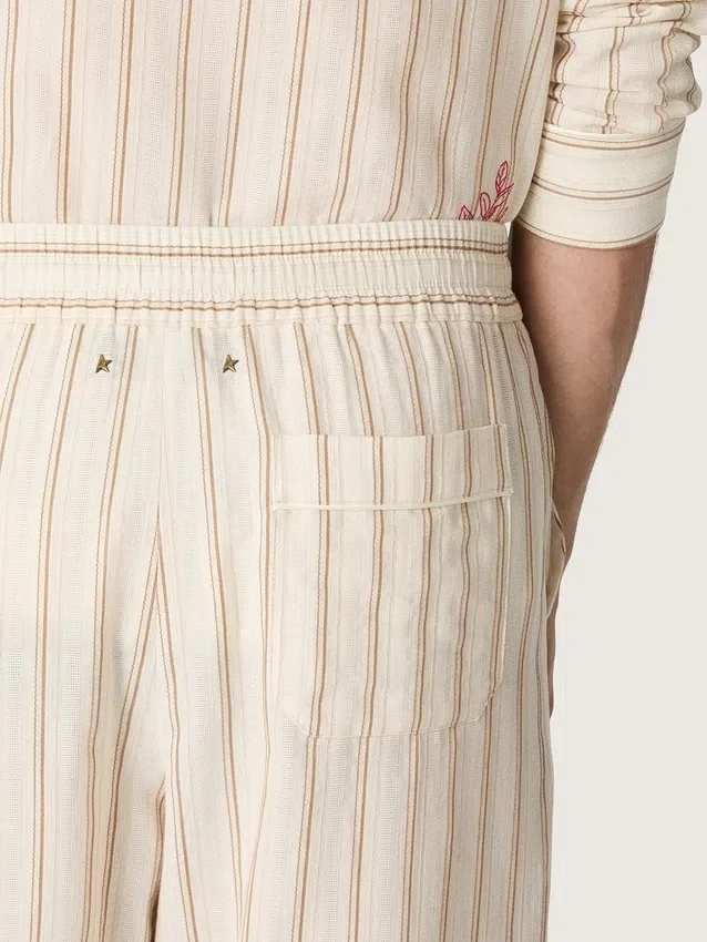 Pantalon de survêtement unisexe en coton et lin rayé écru et sable