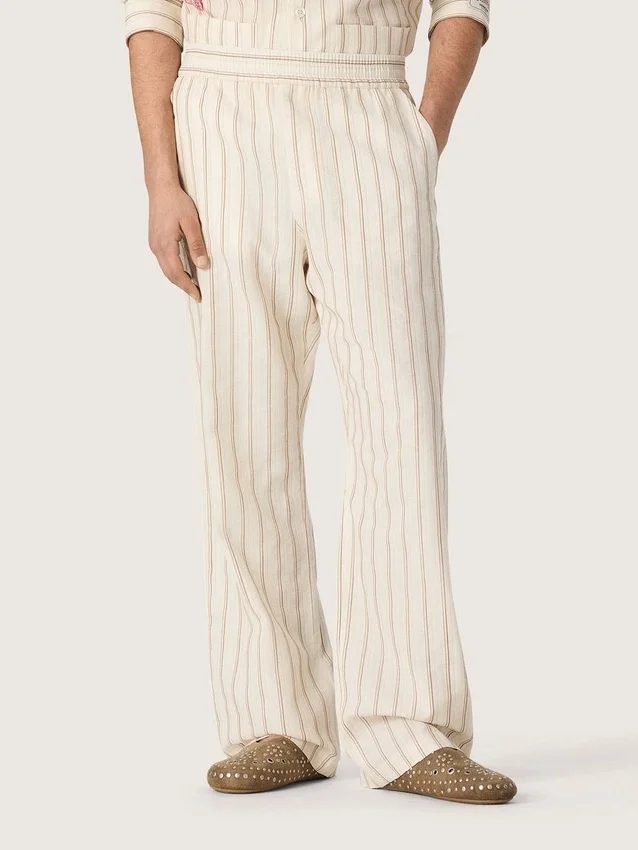 Pantalon de survêtement unisexe en coton et lin rayé écru et sable