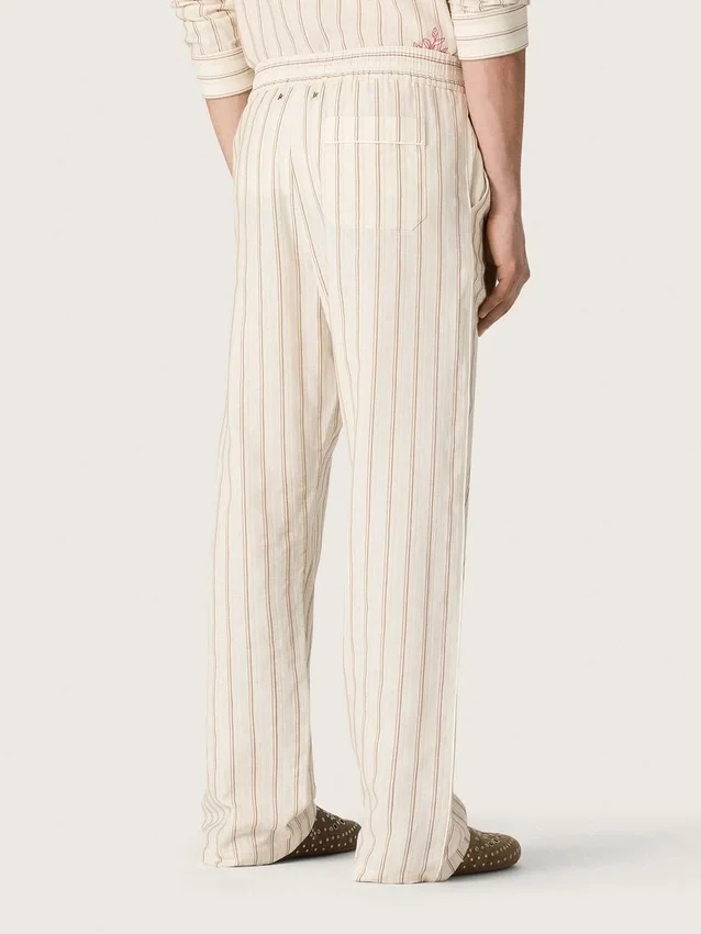 Pantalon de survêtement unisexe en coton et lin rayé écru et sable