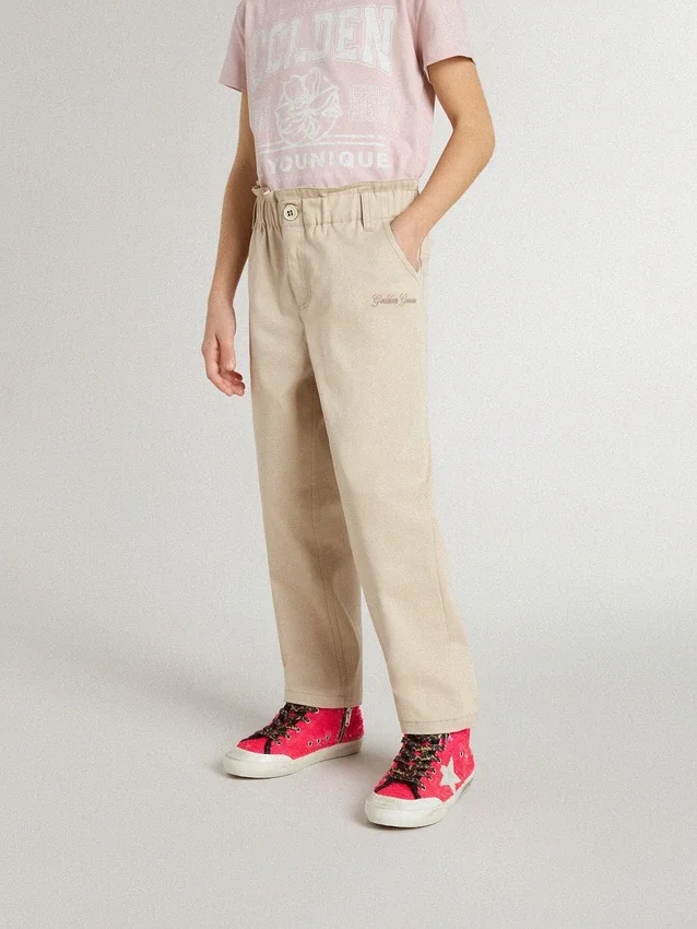 Pantalon en coton beige brodé pour filles