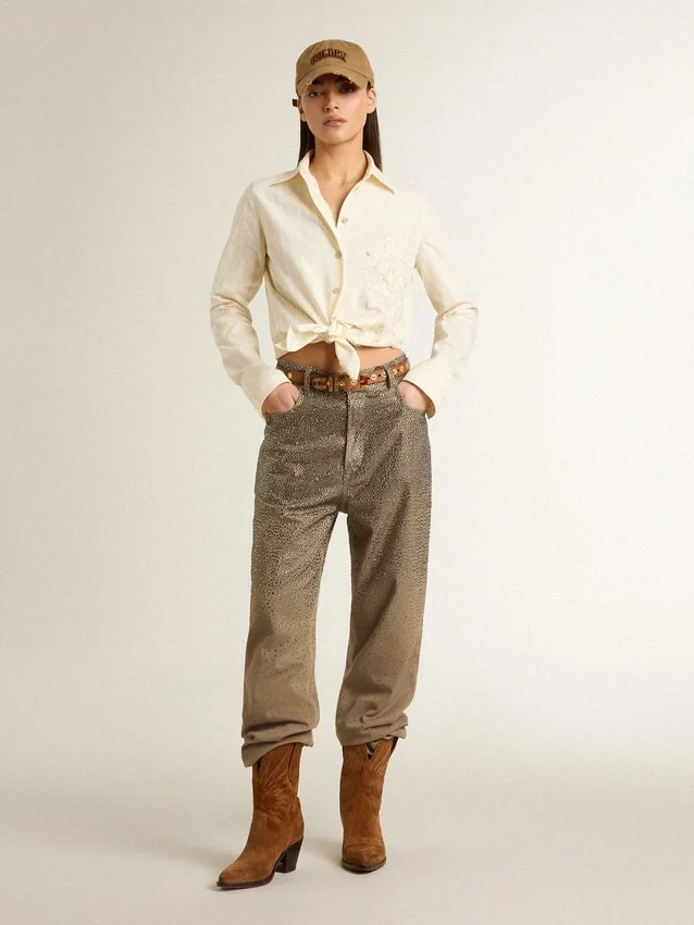Pantalon en coton kaki pour femme avec effet dégradé Swarovski