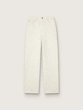 Pantalon en denim blanc pour femme avec perles et cristaux