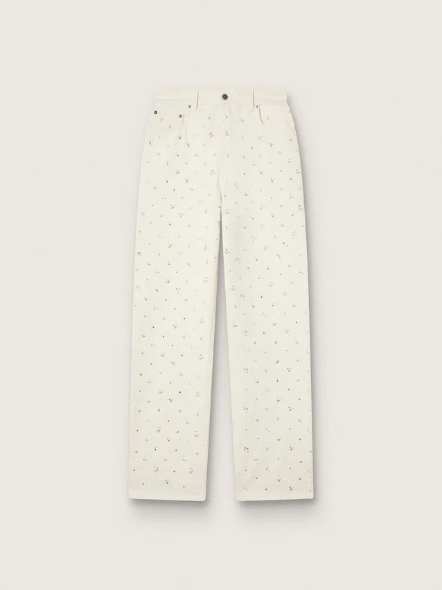 Pantalon en denim blanc pour femme avec perles et cristaux